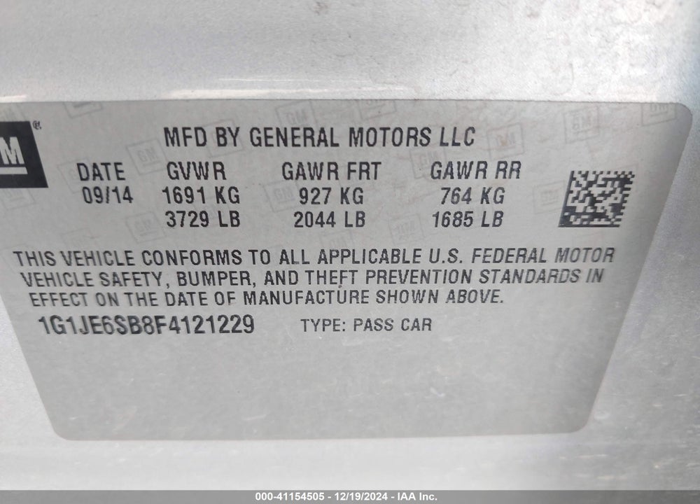 2015 CHEVROLET SONIC LTZ AUTO VIN: 1G1JE6SB8F4121229