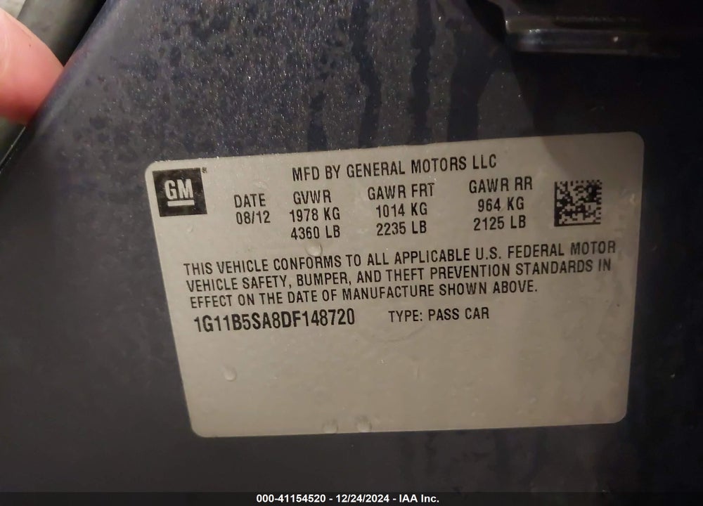 2013 CHEVROLET MALIBU VIN: 1G11B5SA8DF148720