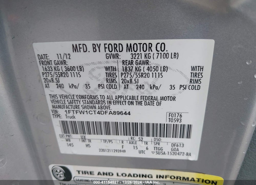 2013 FORD F-150 LARIAT VIN: 1FTFW1CT4DFA89644