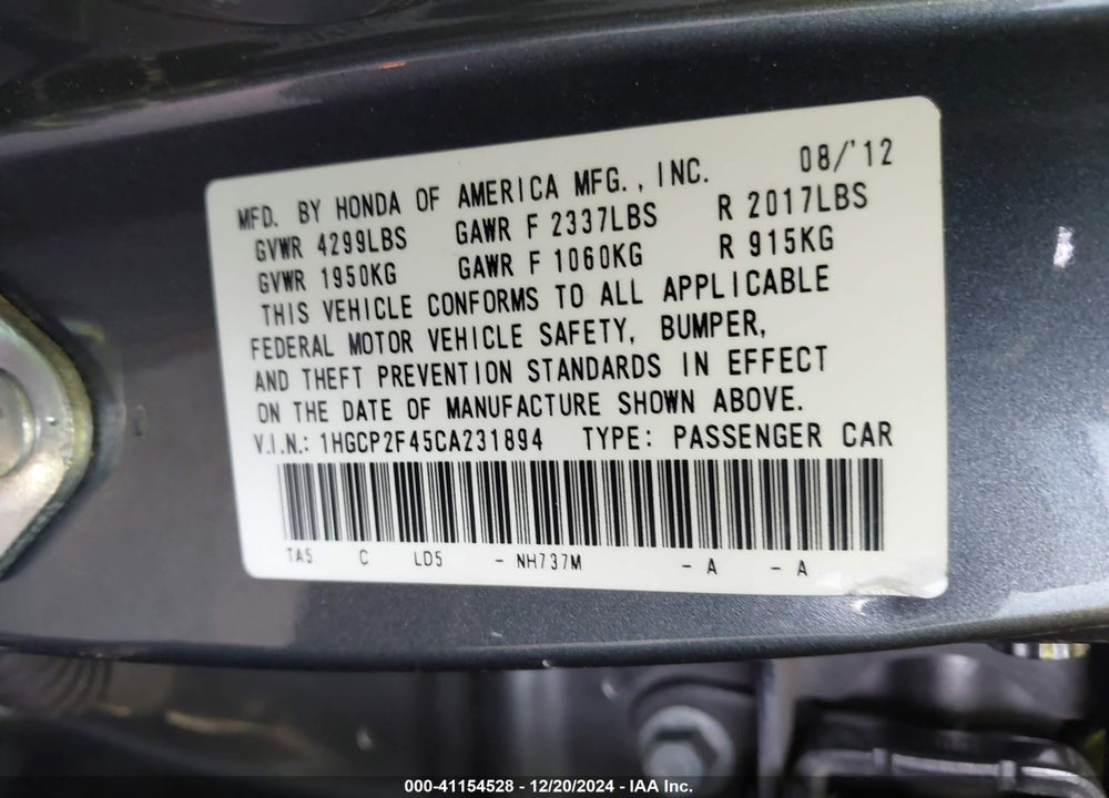 2012 HONDA ACCORD SDN LX PREMIUM VIN: 1HGCP2F45CA231894