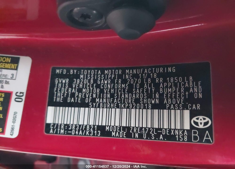 2019 TOYOTA COROLLA LE VIN: 5YFBURHE1KP920018
