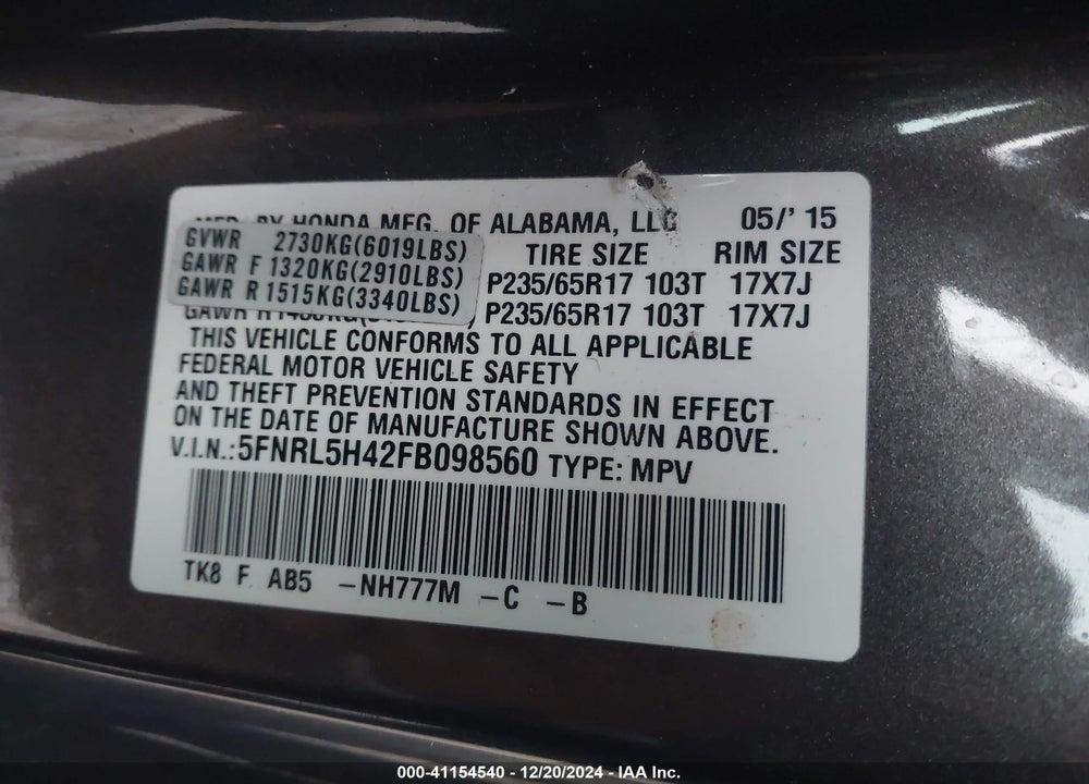 2015 HONDA ODYSSEY EX VIN: 5FNRL5H42FB098560