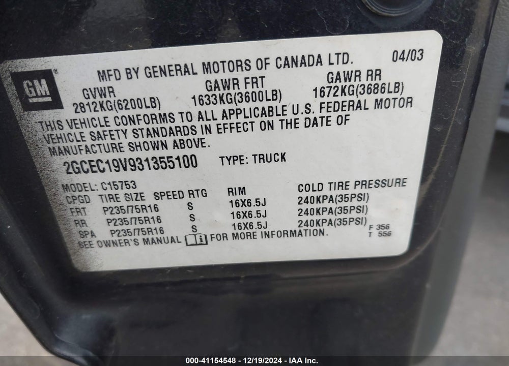 2003 CHEVROLET SILVERADO 1500 LS VIN: 2GCEC19V931355100