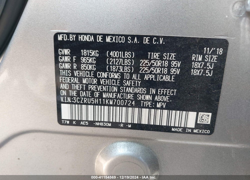 2019 HONDA HR-V SPORT VIN: 3CZRU5H11KM700724