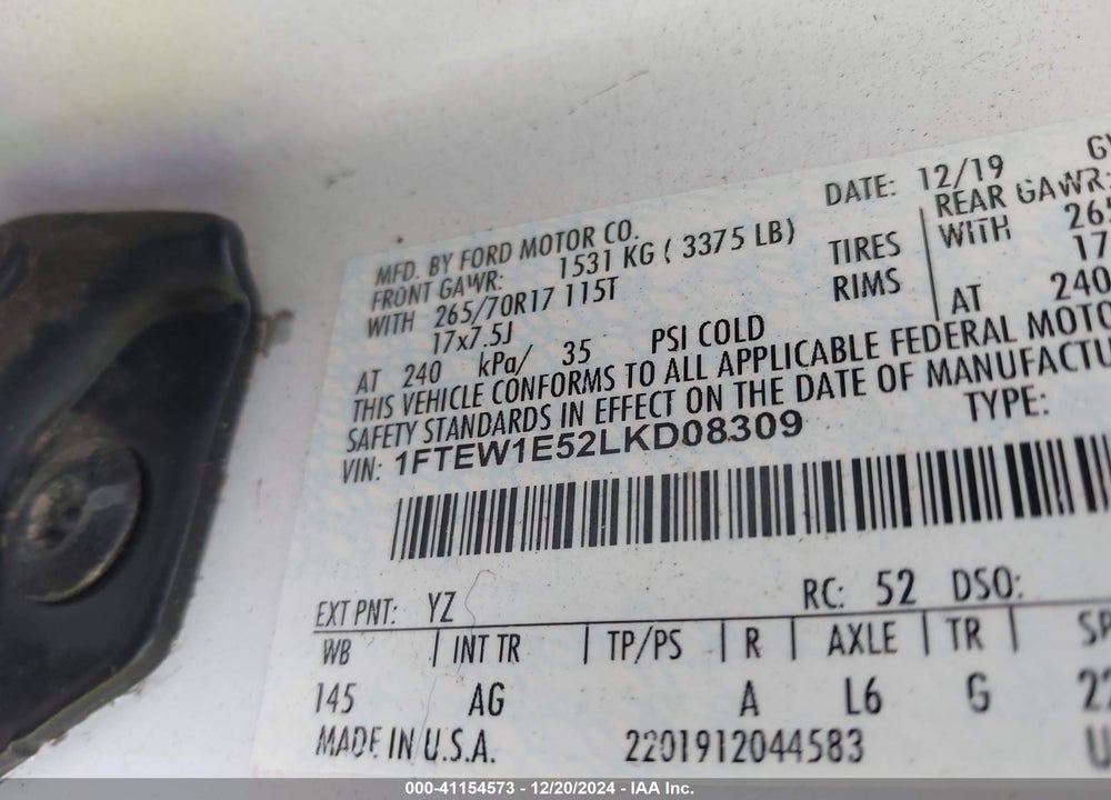 2020 FORD F-150 XL VIN: 1FTEW1E52LKD08309