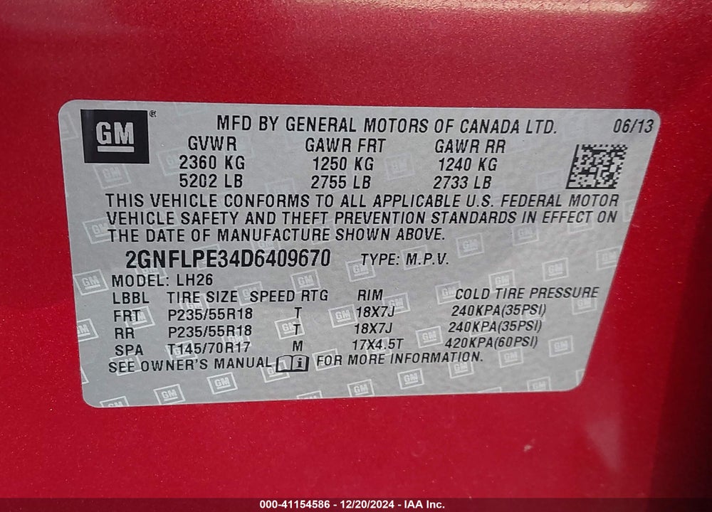 2013 CHEVROLET EQUINOX 2LT VIN: 2GNFLPE34D6409670