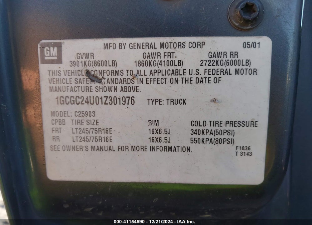 2001 CHEVROLET SILVERADO 2500 VIN: 1GCGC24U01Z301976
