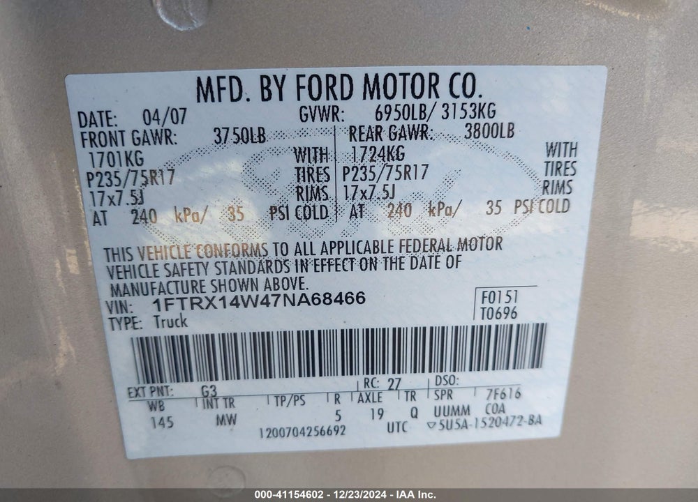 2007 FORD F-150 FX4/STX/XL/XLT VIN: 1FTRX14W47NA68466