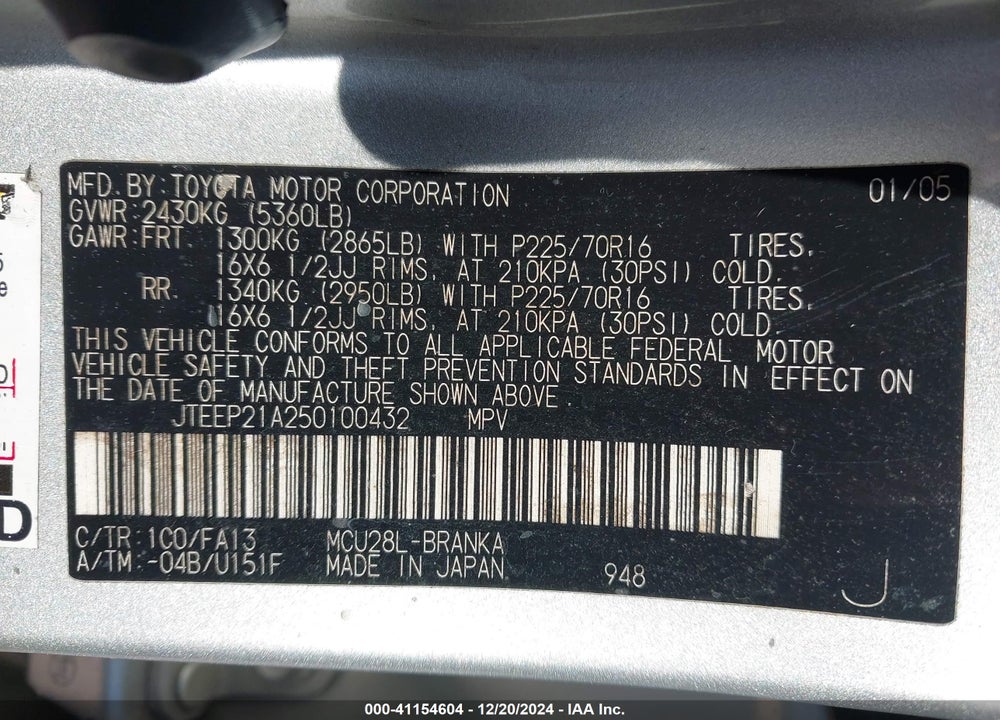 2005 TOYOTA HIGHLANDER V6 VIN: JTEEP21A250100432