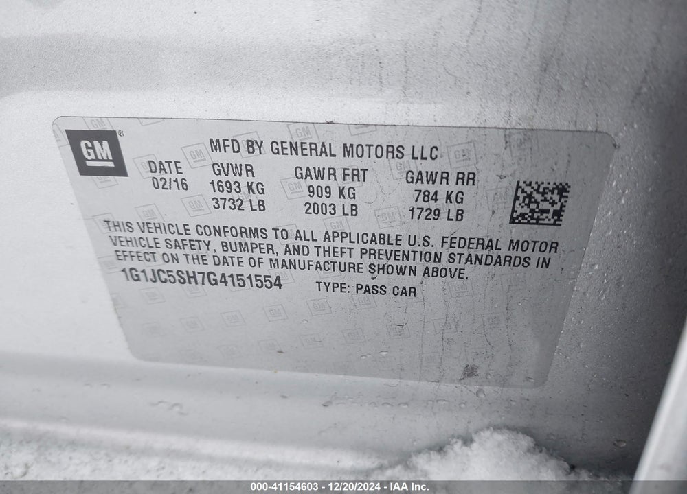 2016 CHEVROLET SONIC VIN: 1G1JC5SH7G4151554