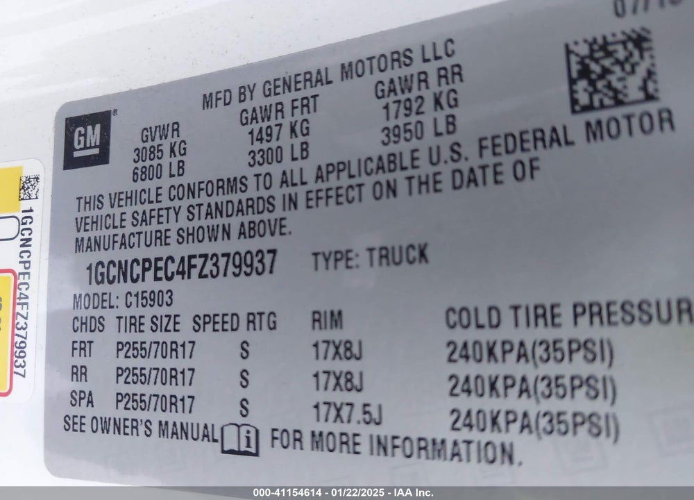 2015 CHEVROLET SILVERADO 1500 VIN: 1GCNCPEC4FZ379937