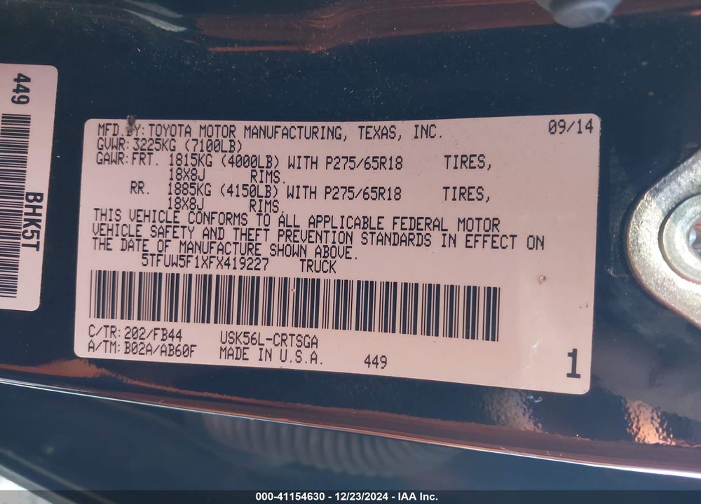2015 TOYOTA TUNDRA SR5 5.7L V8 VIN: 5TFUW5F1XFX419227