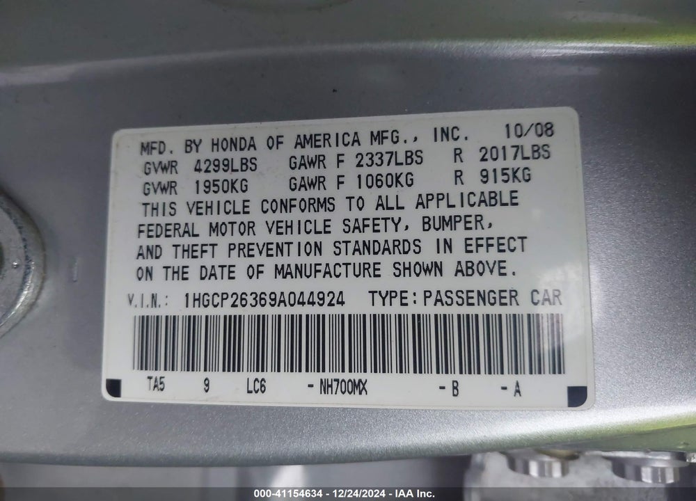 2009 HONDA ACCORD 2.4 LX VIN: 1HGCP26369A044924