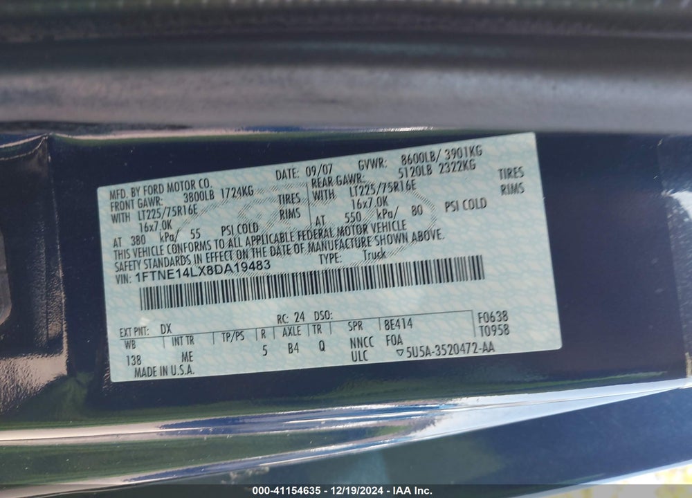 2008 FORD E-150 COMMERCIAL/RECREATIONAL VIN: 1FTNE14LX8DA19483