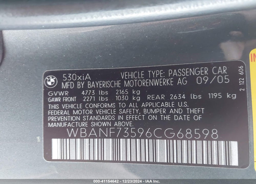 2006 BMW 530XI VIN: WBANF73596CG68598