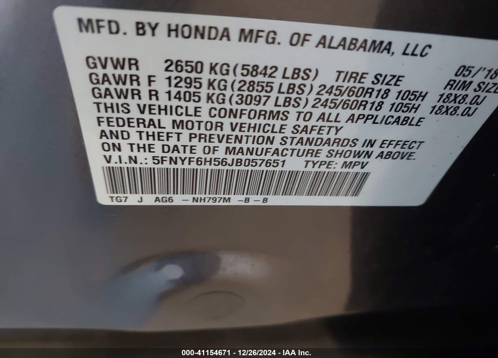 2018 HONDA PILOT EX-L VIN: 5FNYF6H56JB057651