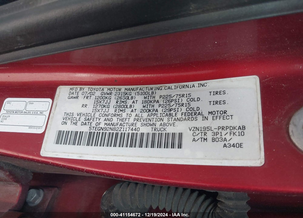 2002 TOYOTA TACOMA PRERUNNER V6 VIN: 5TEGN92N82Z117440