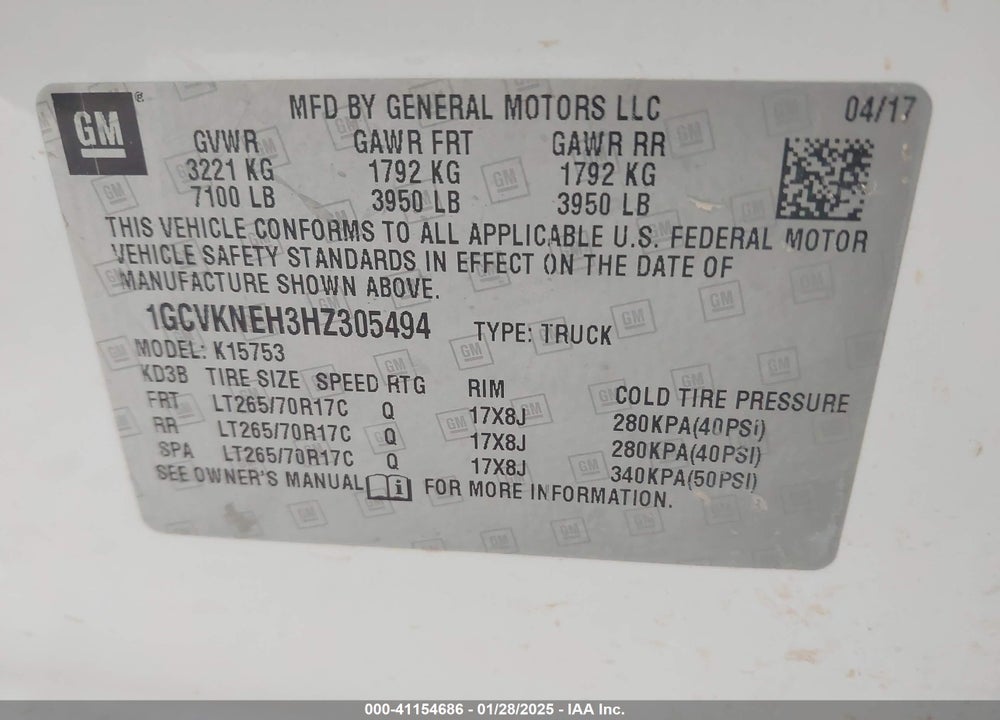 2017 CHEVROLET SILVERADO 1500 VIN: 1GCVKNEH3HZ305494