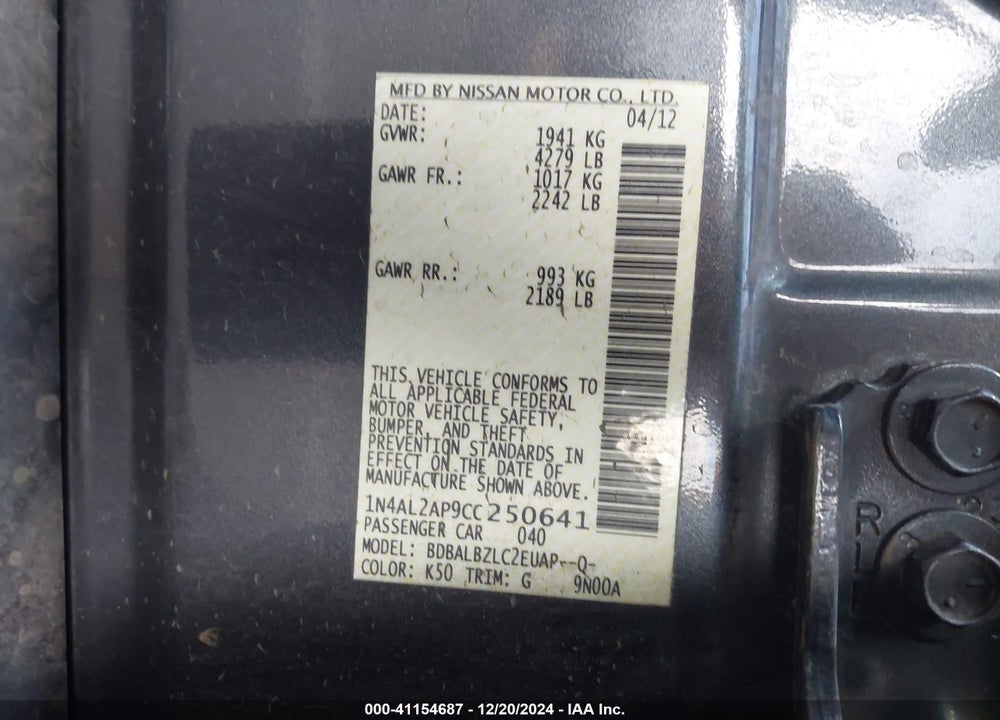 2012 NISSAN ALTIMA VIN: 1N4AL2AP9CC250641