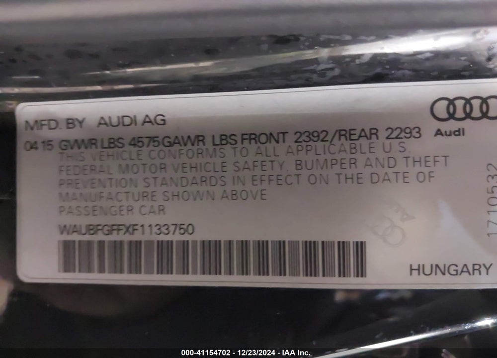 2015 AUDI A3 2.0T PREMIUM VIN: WAUBFGFFXF1133750
