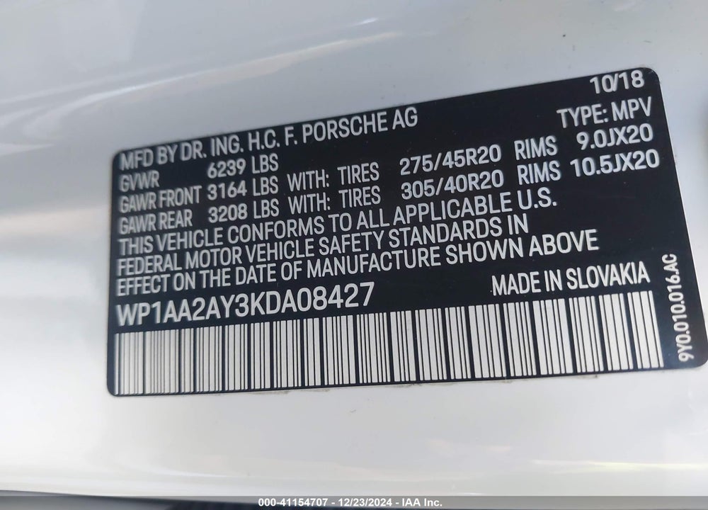 2019 PORSCHE CAYENNE VIN: WP1AA2AY3KDA08427