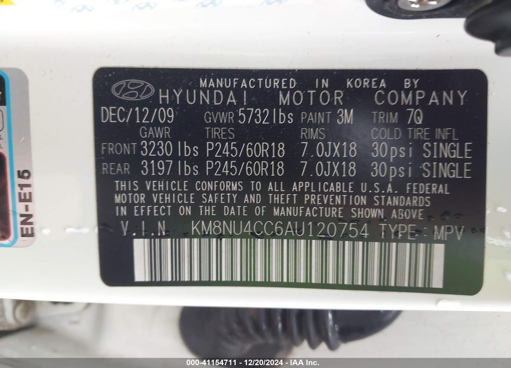 2010 HYUNDAI VERACRUZ LIMITED VIN: KM8NU4CC6AU120754