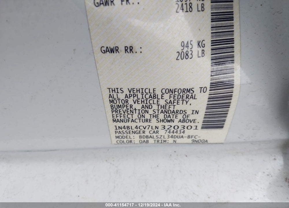 2020 NISSAN ALTIMA SR FWD VIN: 1N4BL4CV7LN320301