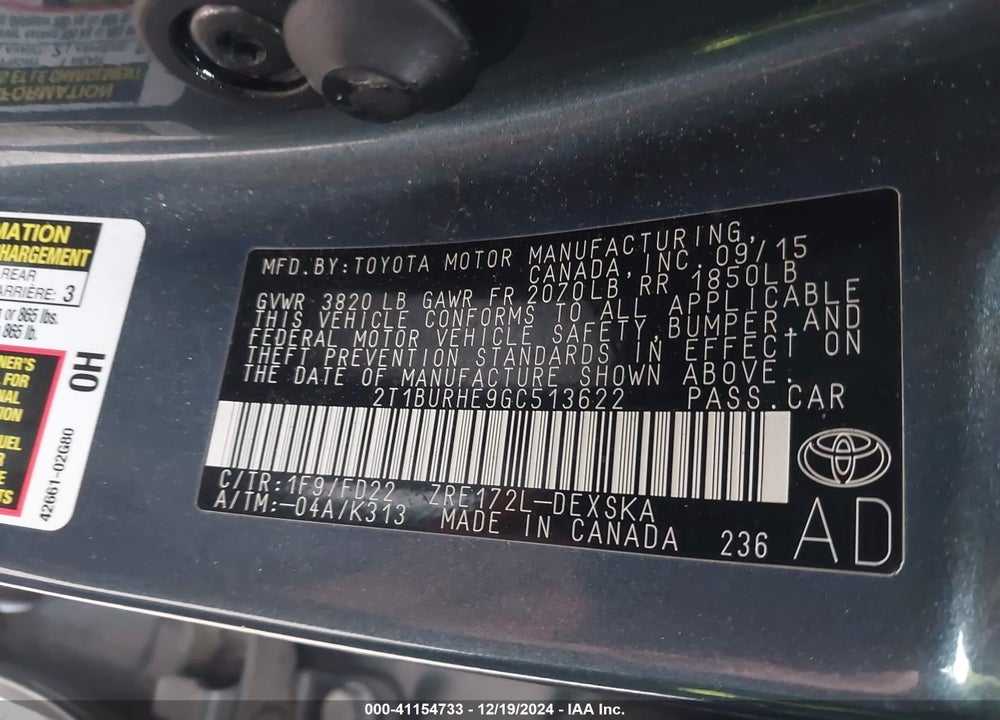 2016 TOYOTA COROLLA S PLUS VIN: 2T1BURHE9GC513622
