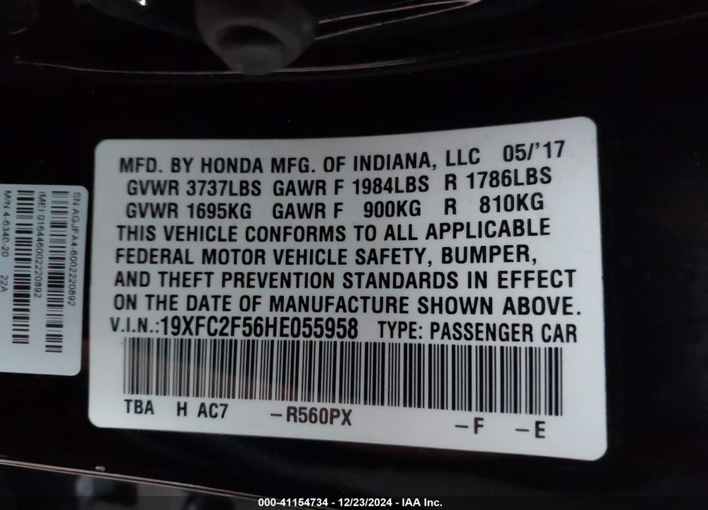 2017 HONDA CIVIC VIN: 19XFC2F56HE055958