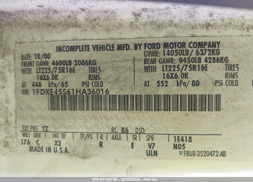 2001 FORD E-450 CUTAWAY STANDARD VIN: 1FDXE45S61HA36016