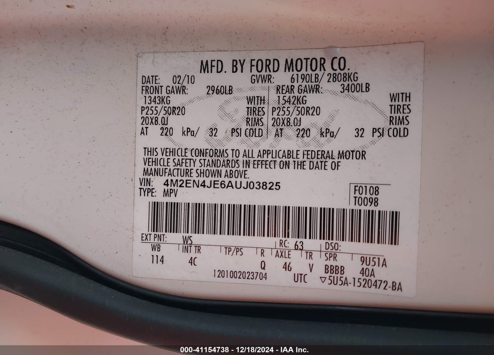 2010 MERCURY MOUNTAINEER PREMIER VIN: 4M2EN4JE6AUJ03825