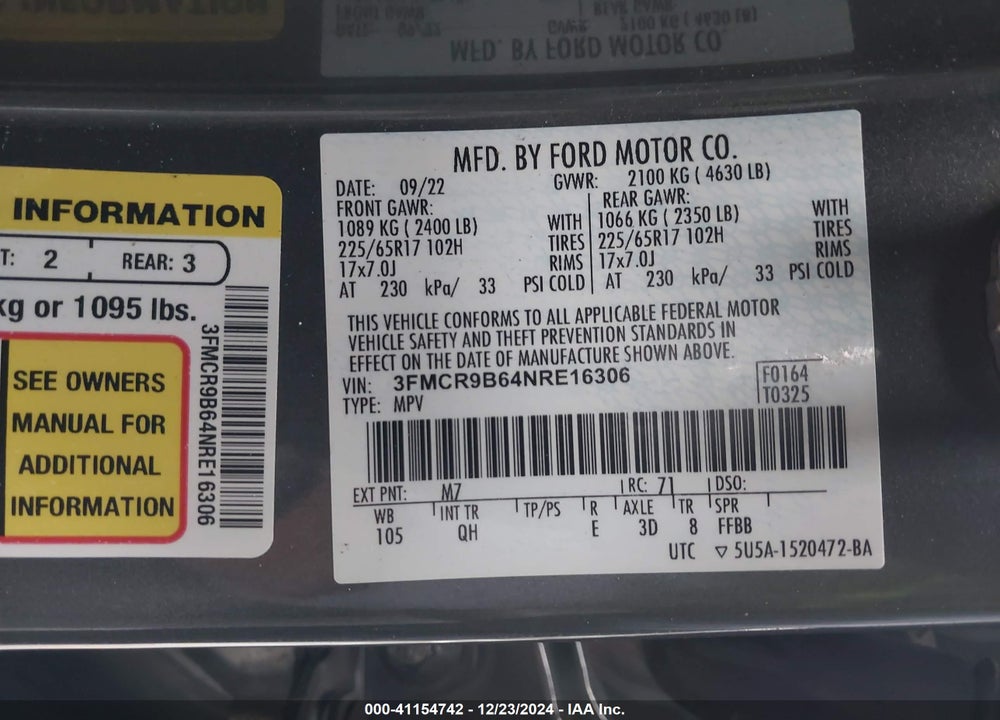 2022 FORD BRONCO SPORT VIN: 3FMCR9B64NRE16306