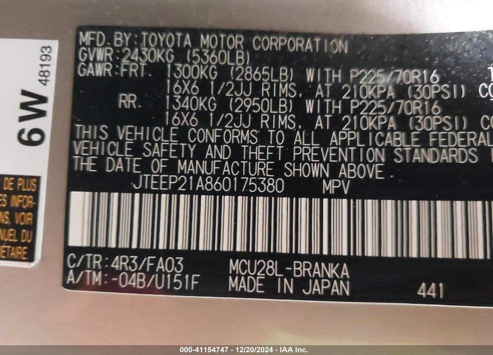 2006 TOYOTA HIGHLANDER V6 VIN: JTEEP21A860175380