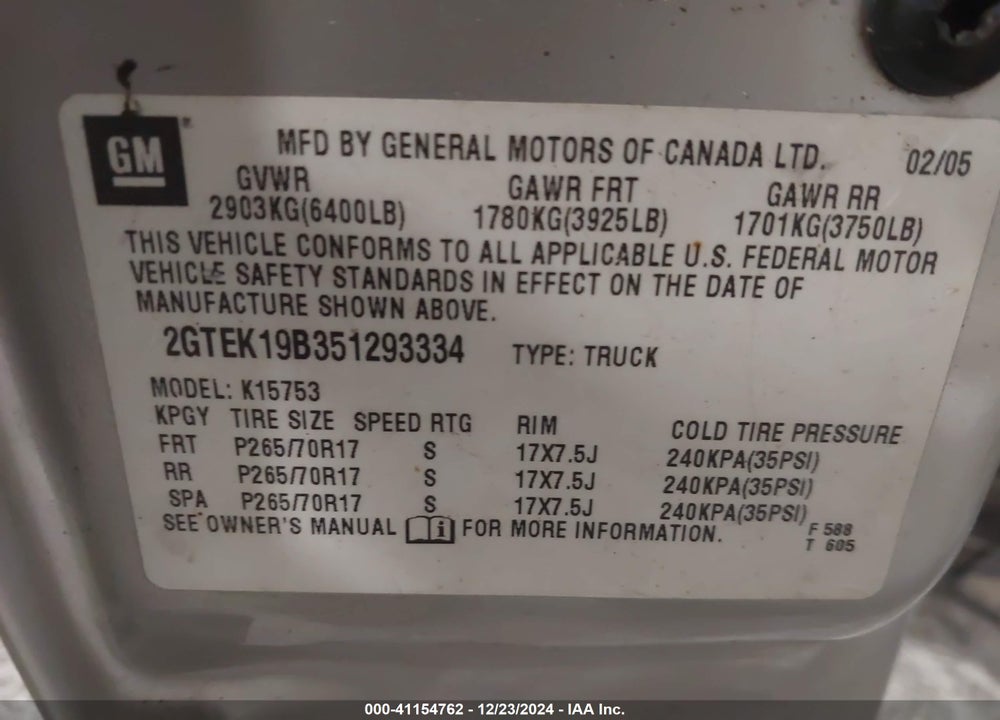 2005 GMC SIERRA 1500 SLE VIN: 2GTEK19B351293334