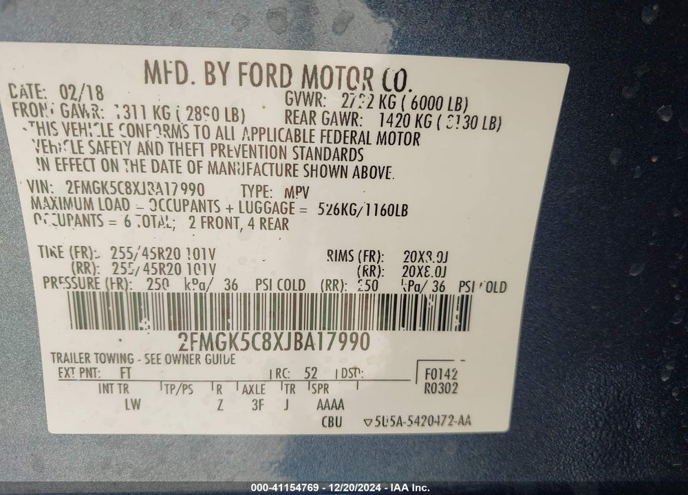 2018 FORD FLEX SEL VIN: 2FMGK5C8XJBA17990