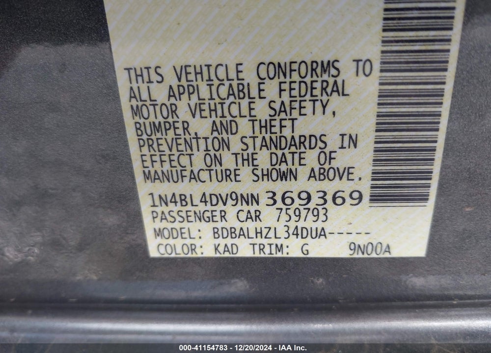2022 NISSAN ALTIMA VIN: 1N4BL4DV9NN369369