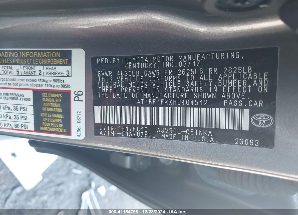 2017 TOYOTA CAMRY VIN: 4T1BF1FKXHU404512