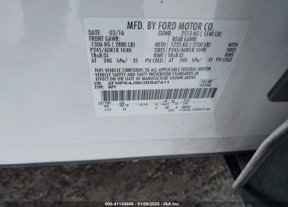2016 FORD EDGE SEL VIN: 2FMPK4J96GBB47411