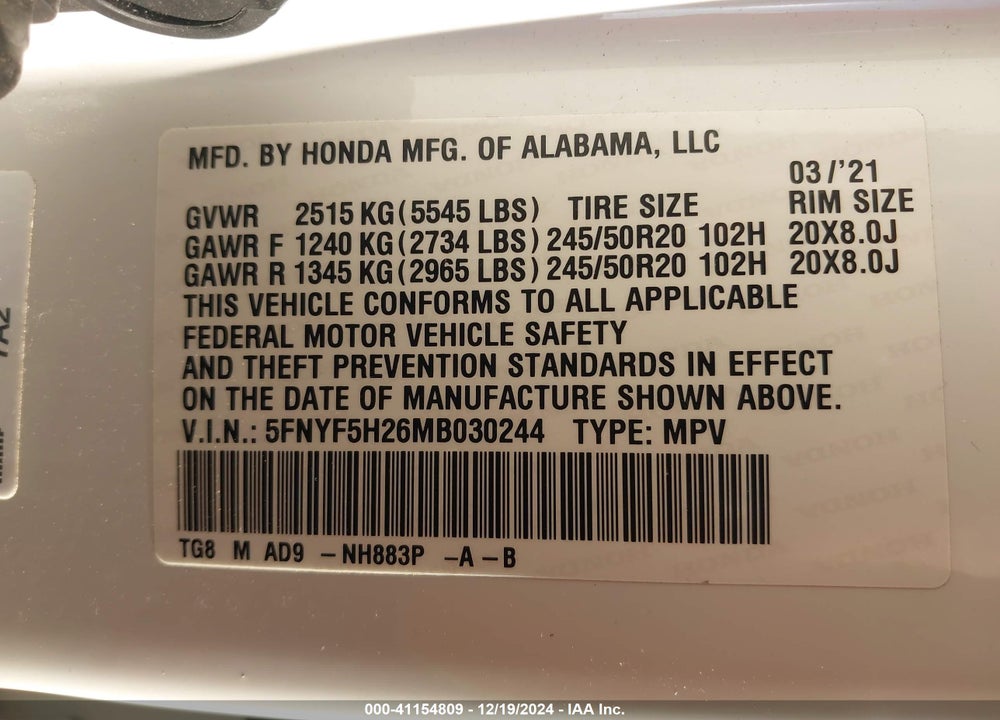 2021 HONDA PILOT 2WD SPECIAL EDITION VIN: 5FNYF5H26MB030244