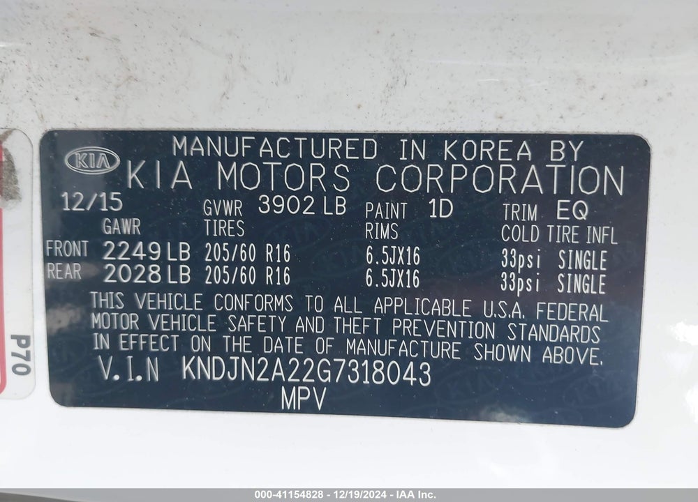 2016 KIA SOUL VIN: KNDJN2A22G7318043