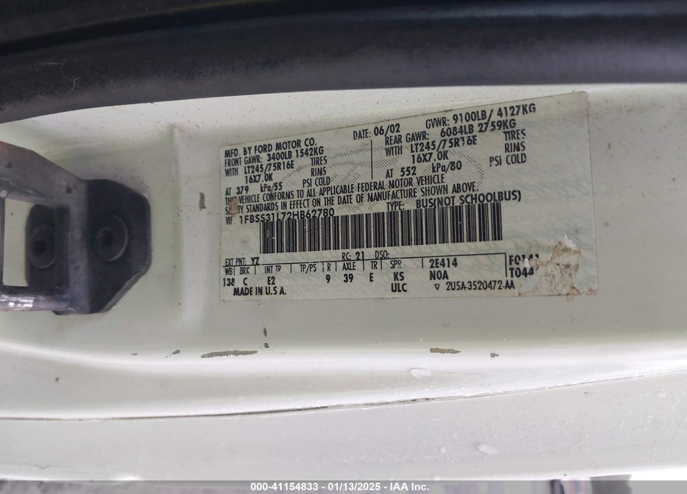 2002 FORD E-350 SUPER DUTY XL/XLT VIN: 1FBSS31L72HB62780