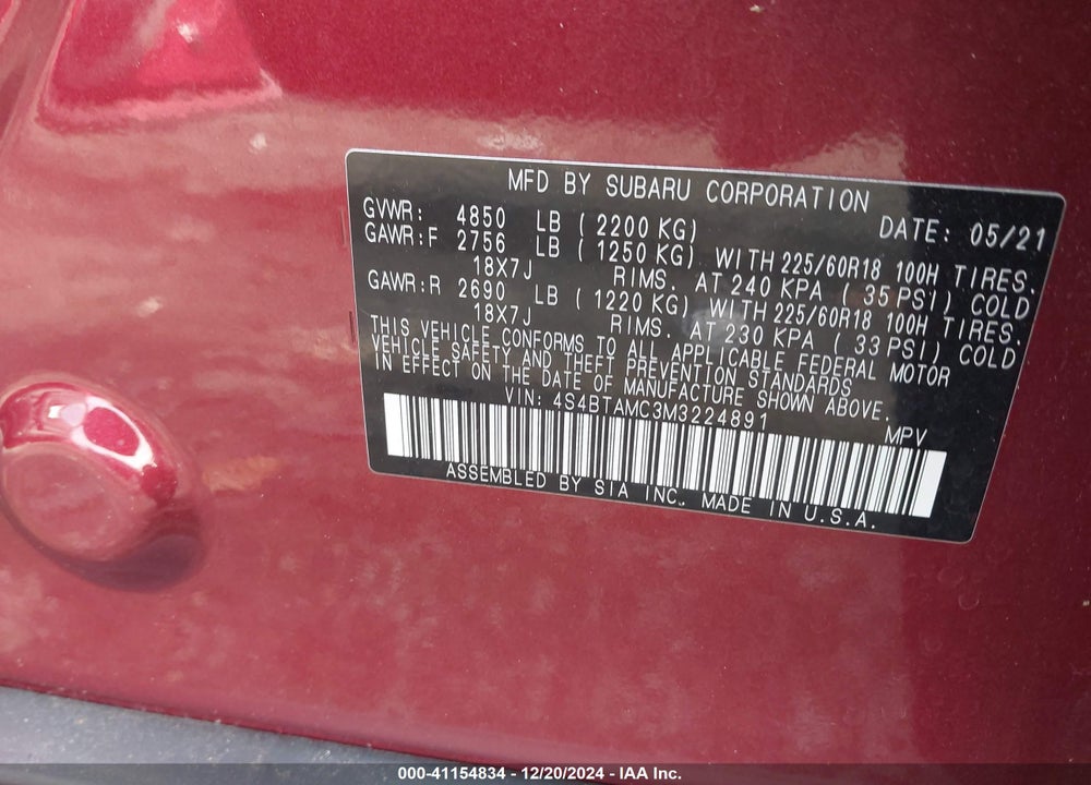 2021 SUBARU OUTBACK LIMITED VIN: 4S4BTAMC3M3224891