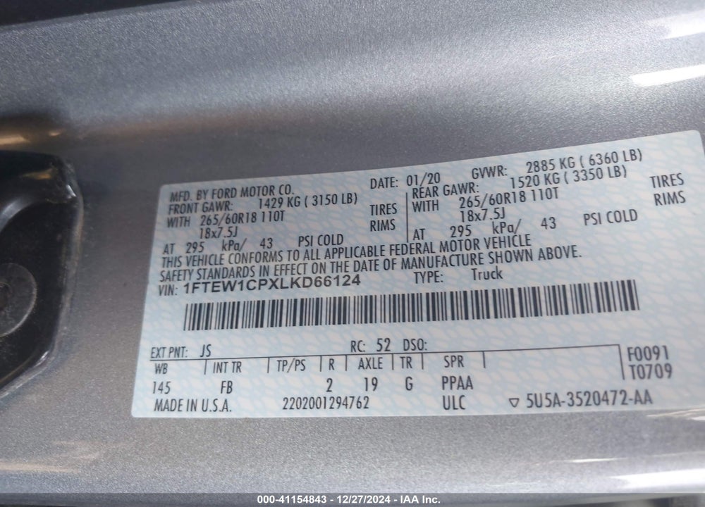 2020 FORD F150 VIN: 1FTEW1CPXLKD66124