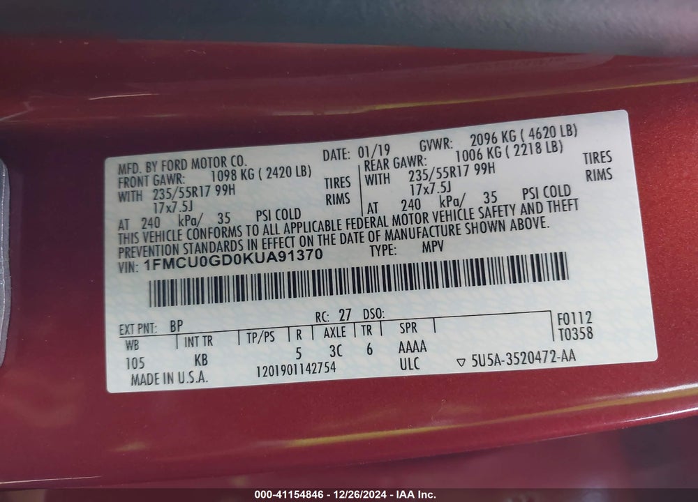 2019 FORD ESCAPE SE VIN: 1FMCU0GD0KUA91370