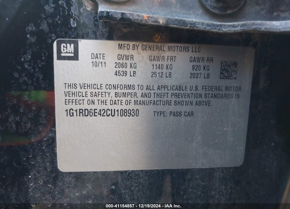 2012 CHEVROLET VOLT VIN: 1G1RD6E42CU108930