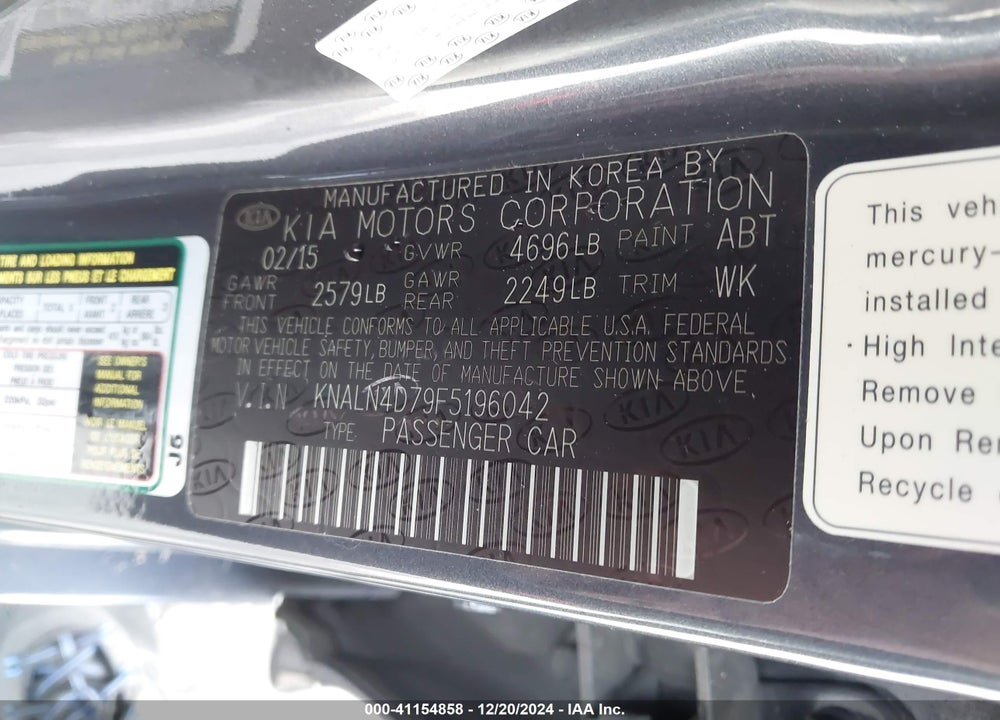 2015 KIA CADENZA PREMIUM VIN: KNALN4D79F5196042