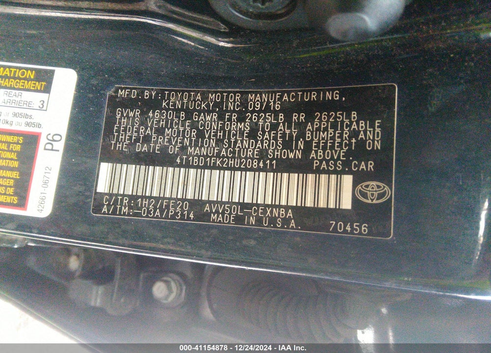 2017 TOYOTA CAMRY HYBRID LE VIN: 4T1BD1FK2HU208411