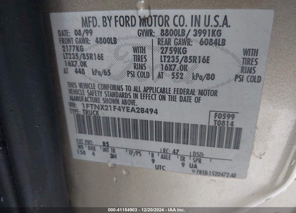 2000 FORD F-250 LARIAT/XL/XLT VIN: 1FTNX21F4YEA28494