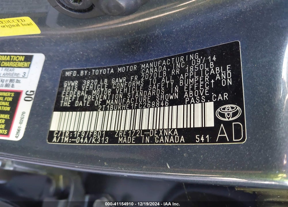 2015 TOYOTA COROLLA LE VIN: 2T1BURHE1FC268846