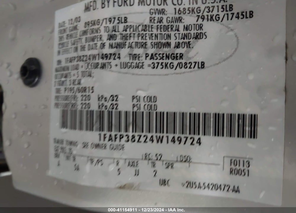 2004 FORD FOCUS ZTS VIN: 1FAFP38Z24W149724